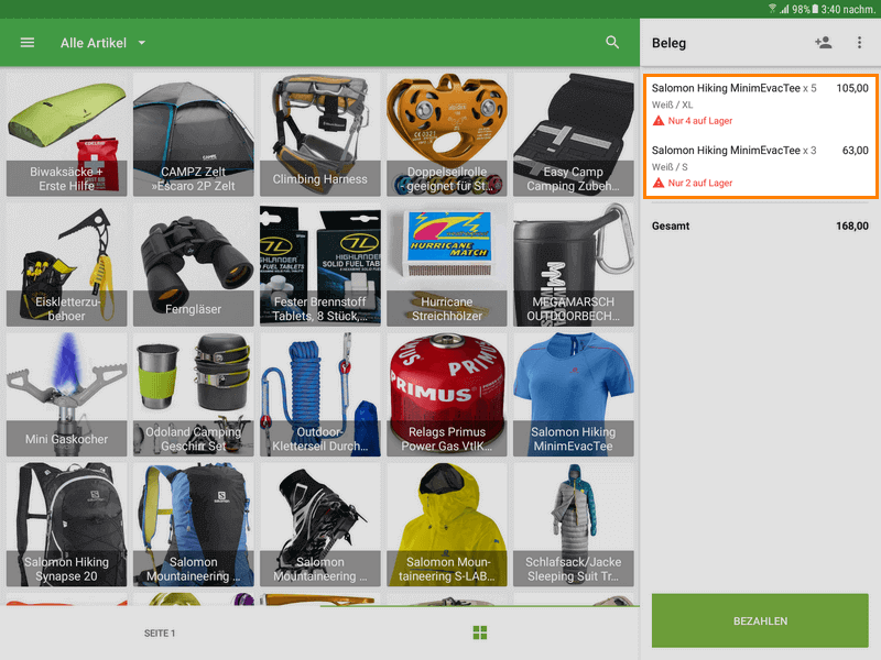 Warnmeldungen funktionieren auch für zusammengesetzte Artikel.