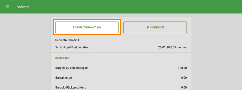 Schaltfläche 'Bargeldverwaltung'