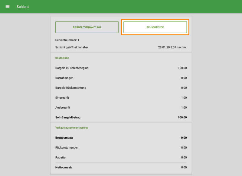 Schaltfläche 'Schichtende'