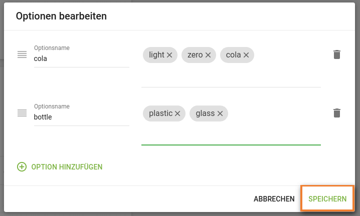Optionen mit Varianten erstellen sku VARIANT