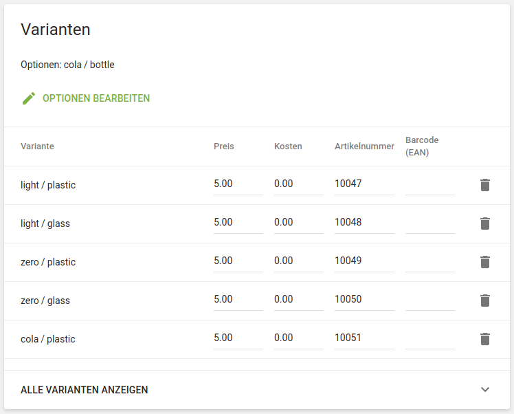 liste aller möglichen varianten des artikels sku Variationen