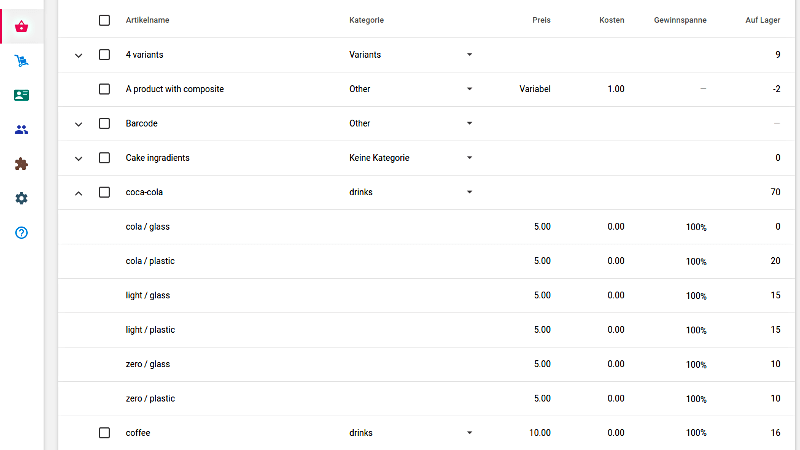 Artikel mit Varianten in der Artikelliste