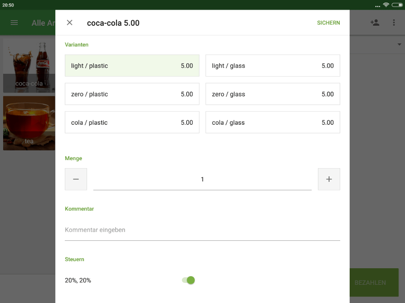 Varianten im Dialogfeld beim Verkauf