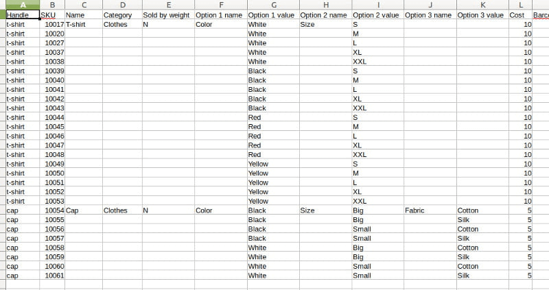 Elemente mit Varianten, die als CSV-Datei geöffnet wurden
