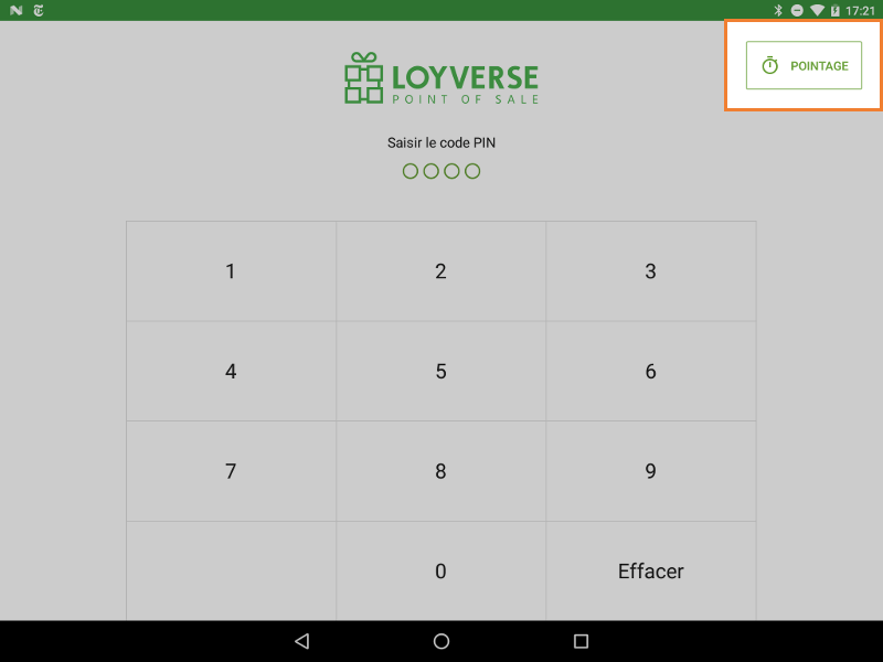 bouton de la «&nbsp;Pointeuse&nbsp;» en haut à droite de l’écran de connexion