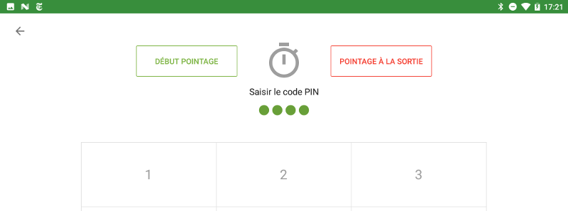 boutons «pointage entrée&nbsp;» et «&nbsp;Pointage sortie&nbsp;» actifs.