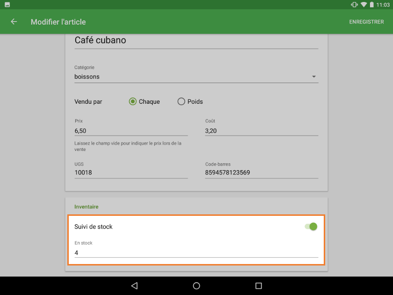 l’option ‘Suivi de stock’ dans la section Inventaire