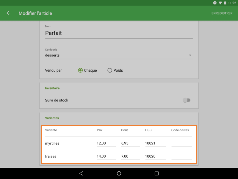 le stock et le coût de chaque variante