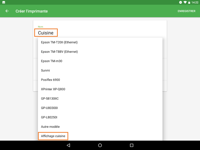 sélectionnez affichage cuisine dans le menu déroulant