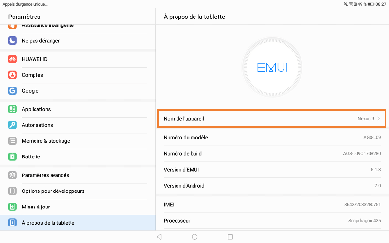 le nom du périphérique sur une tablette Android