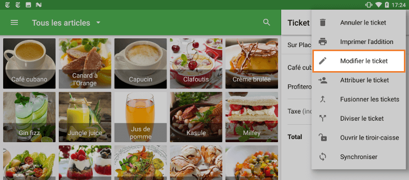 modifier ticket en dessous du menu