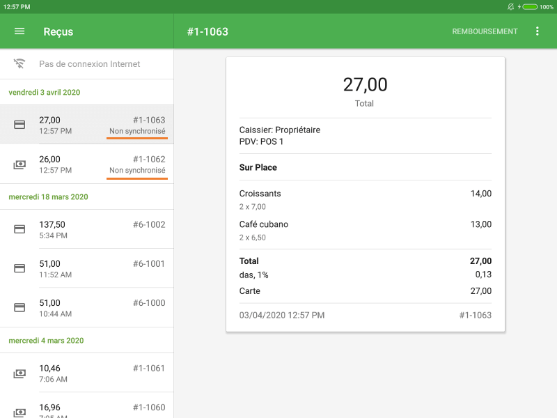 reçus non synchronisés
