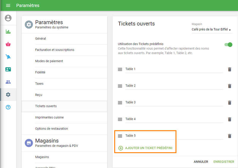 bouton Ajouter un ticket prédéfinis