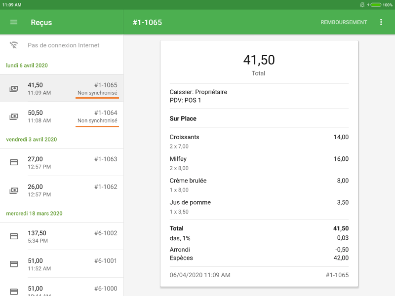 reçus non synchronisés