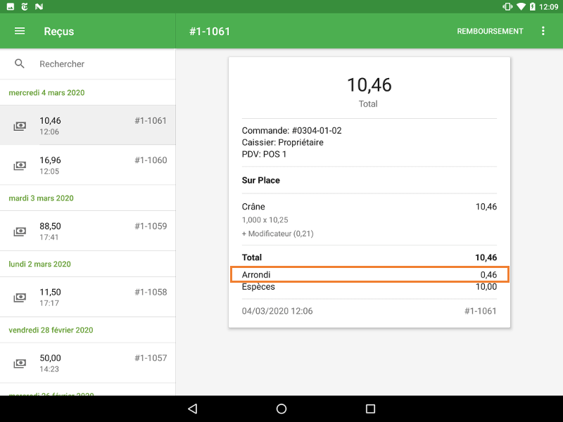 Le reçu contient toutes les informations de l’arrondi