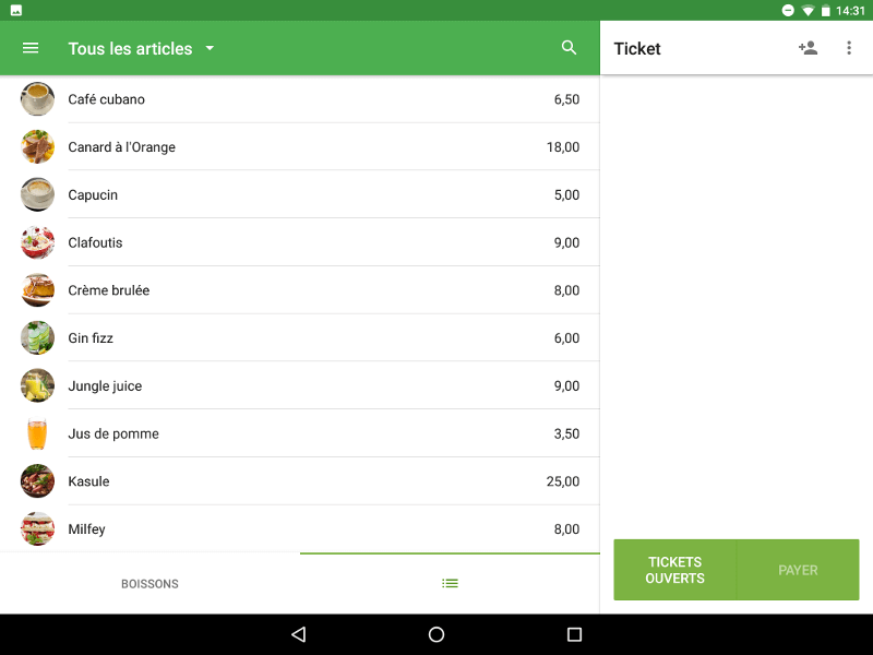 la liste des articles à l'écran de vente à domicile au point de vente