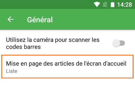Paramètres «Disposition des éléments de l'écran d'accueil»
