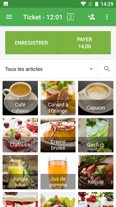 articles de l'écran de vente sont affichés en trois colonnes