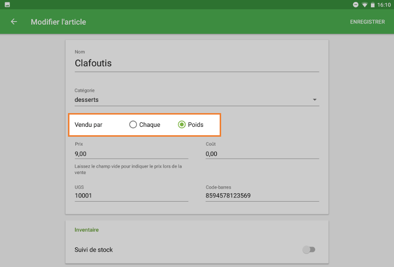 Sélection du poids à Vendu par option