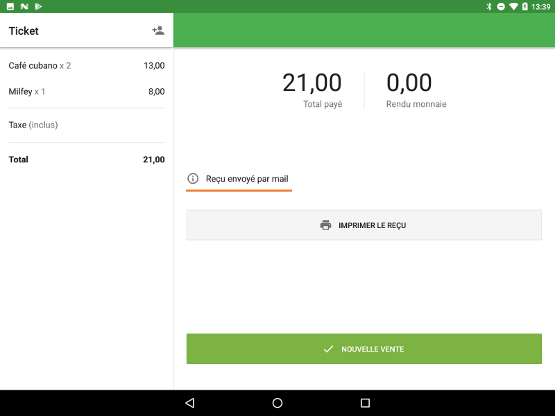message ‘Reçu envoyé à l'email'