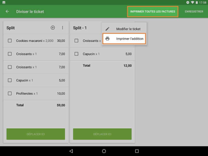 menu facture d'impression