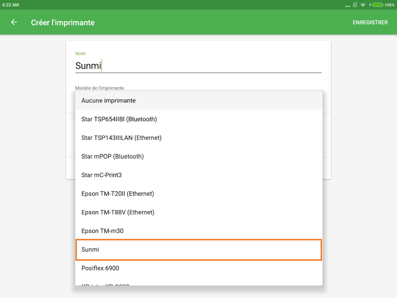 Sunmi dans le menu des modèles d'imprimantes depuis la liste déroulante.
