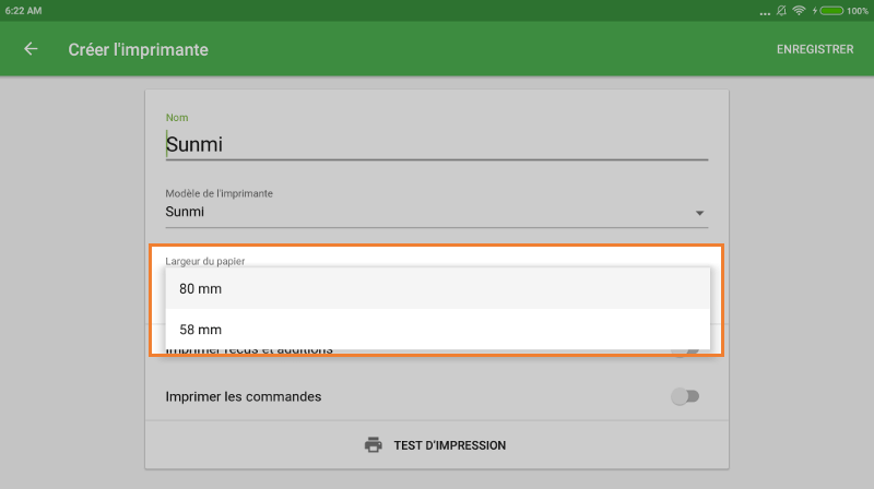 Sélectionner 'largueur du papier ' de l'imprimante