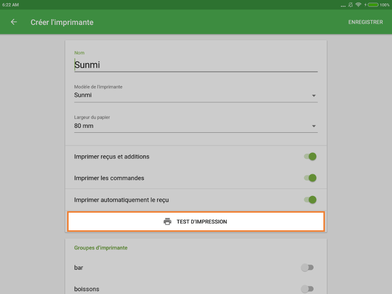 bouton ‘test d'impression’
