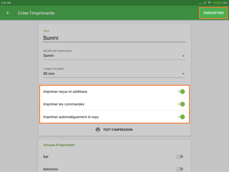 paramètres pour l'imprimante SUNMI