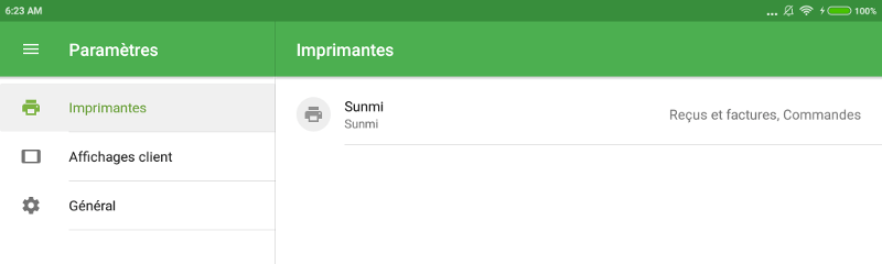 Imprimante SUNMI dans la liste des imprimantes connectées