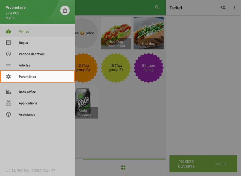 section Taxes depuis le menu Paramètres