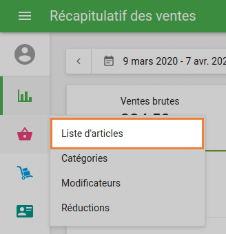 Section de la liste des articles Sku VARIANTS Variation