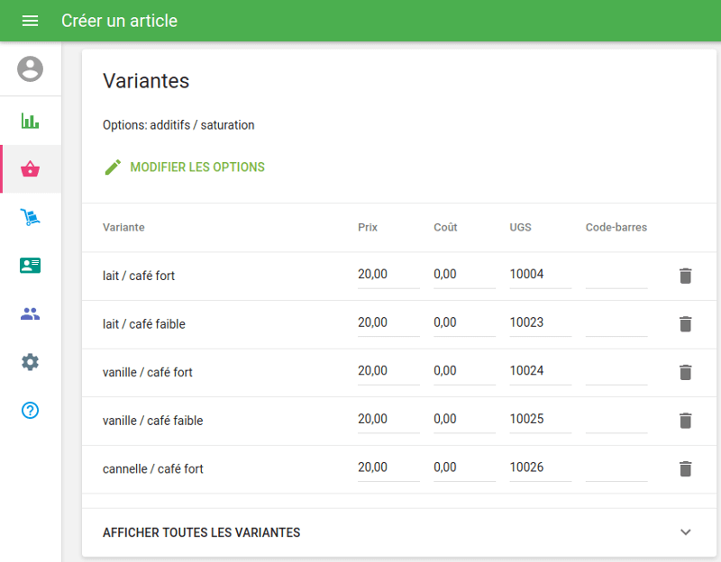 liste de toutes les variantes possibles de l'article sku Variations