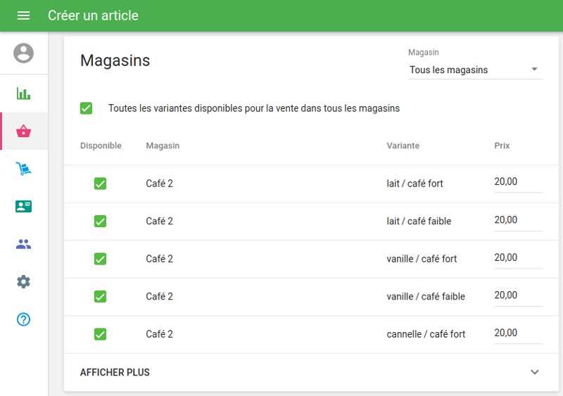 Variantes dans la section Boutiques