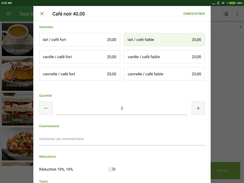 Variantes dans la boîte de dialogue lors de la vente