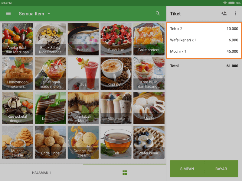 layar penjualan dengan barang-barang di tiket