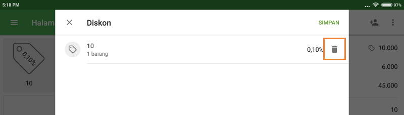 ikon tempat sampah di jendela diskon