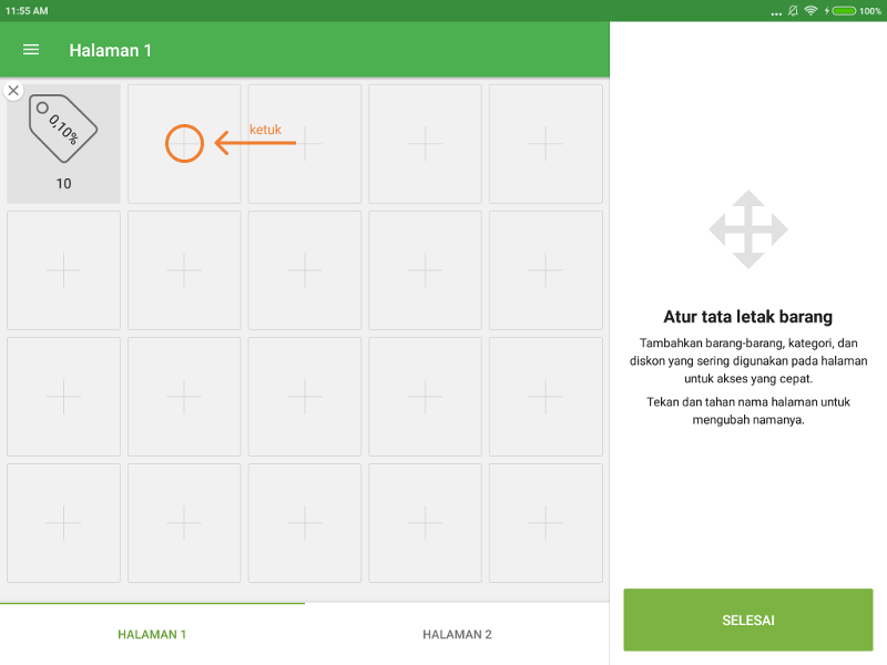Mode setup Pengaturan tata letak barang ’pada layar
