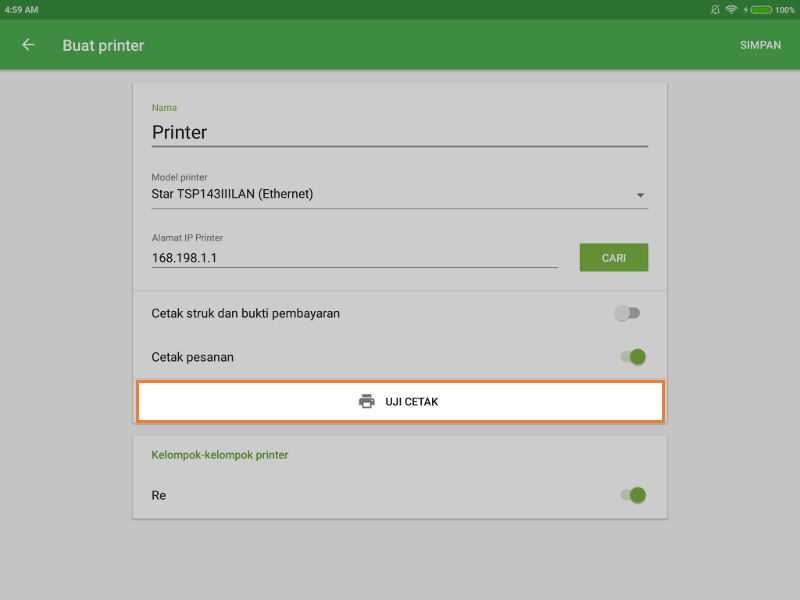 tombol ‘Uji cetak’