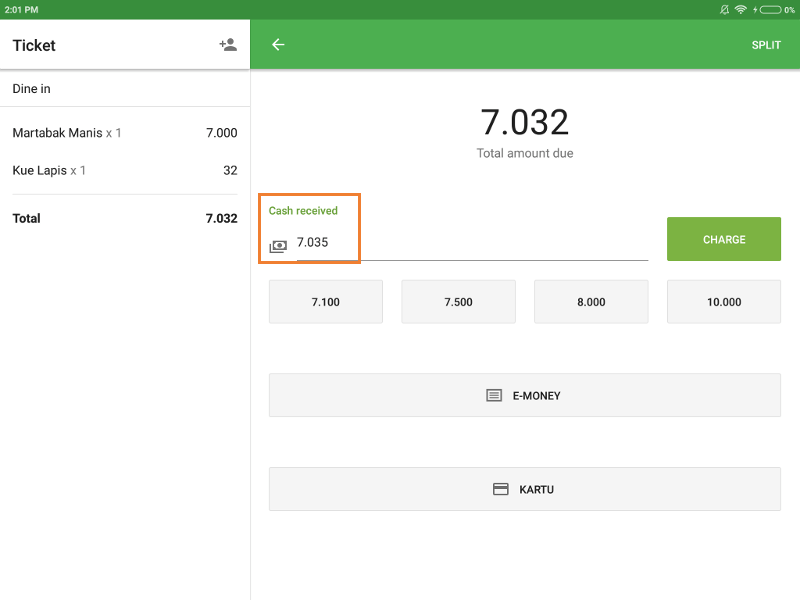 pembulatan nilai di kolom 'Uang Tunai yang diterima'