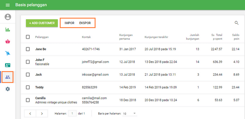  'Import' dan 'Ekspor' tombol 