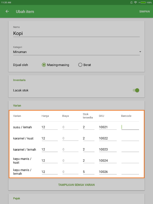 stok dan biaya untuk setiap varian