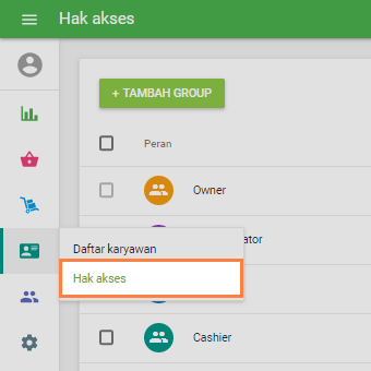 menu 'Bagian Karyawan' dan pilih 'Hak Akses'