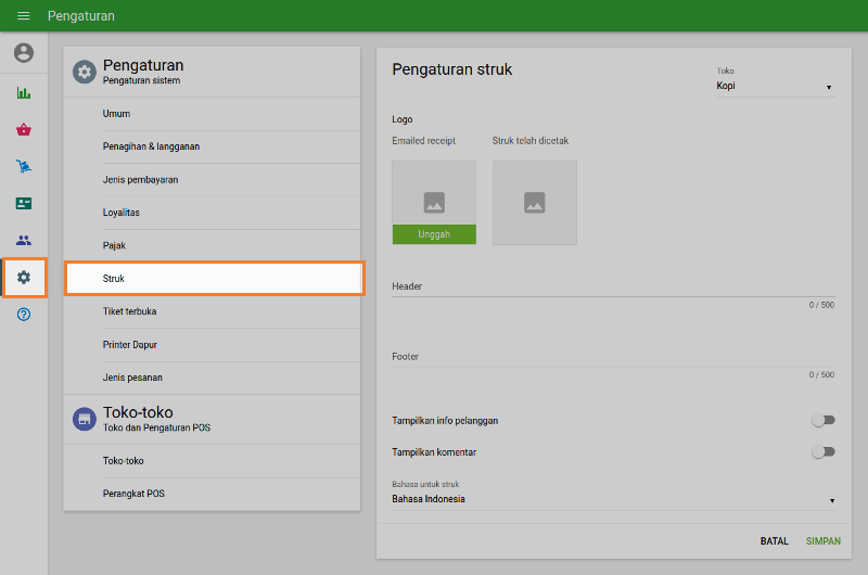 bagian 'Struk' di menu 'Pengaturan'