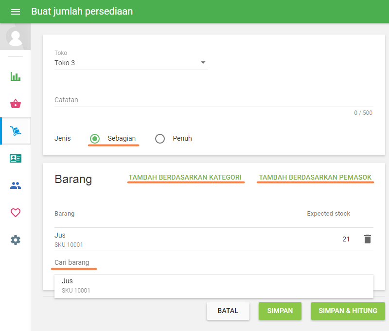 dengan menekan tombol 'tambah berdasarkan pemasok'