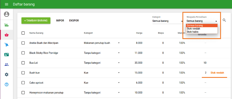 Pemberitahuan tentang stok rendah