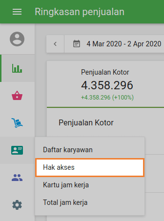 Bagian 'Hak akses' di menu Karyawan