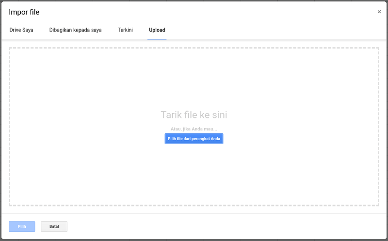 tab 'Unggah' dari jendela 'Buka berkas'