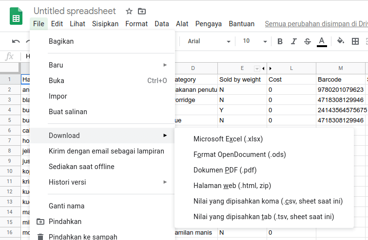 menyimpan spreadsheet dalam format CSV