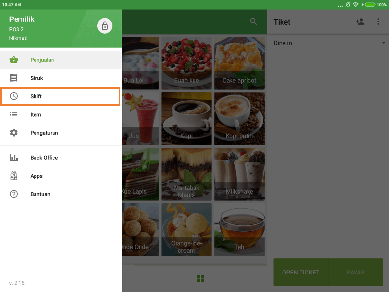 tombol 'Shift' di menu utama